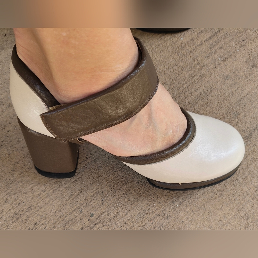 John Fluevog Brown and Cream Heels